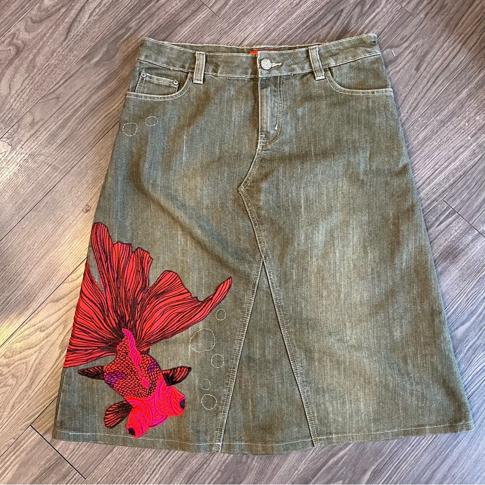 One-of-a-Kind Goldfish Embroidered Denim Skirt | A-Line | 32 waist